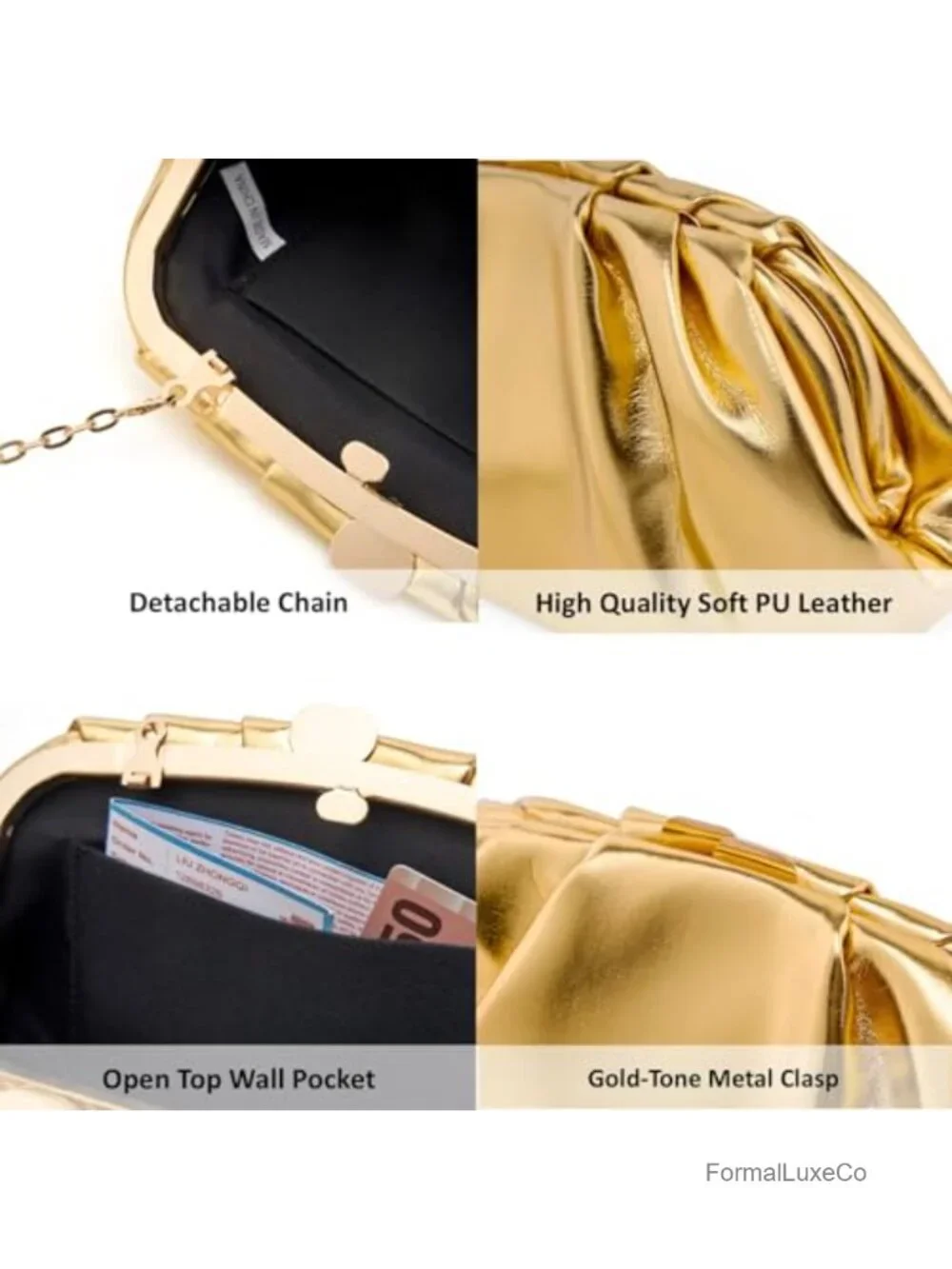 Elegant Pleated Vegan Leather Clutch Purse Detachable Chain Evening Bag